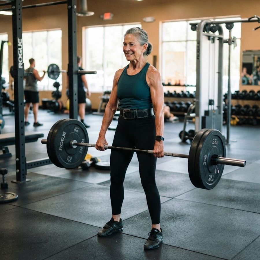 A woman lifting a barbell in the gym